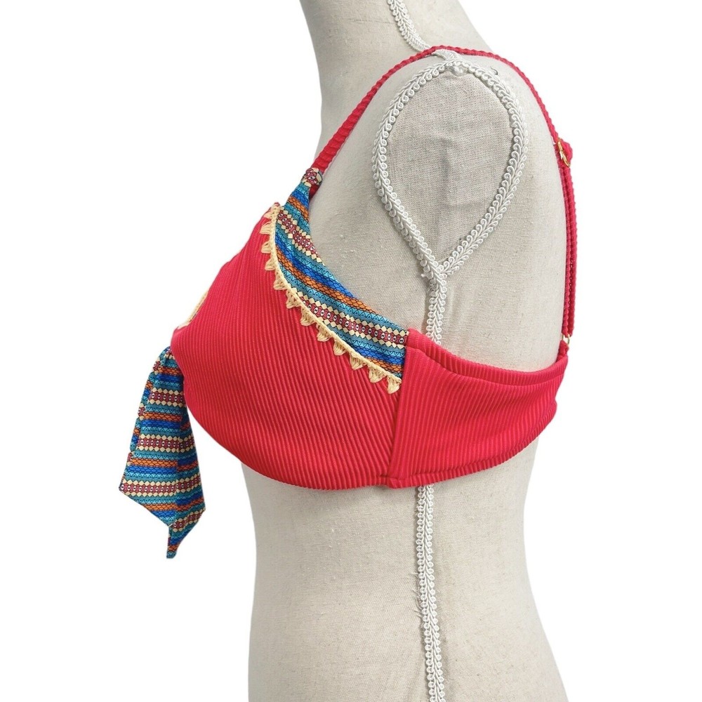 Swimsuits For All Mentor Tie Front Ribbed Bikini Top Coral Red Aztec Womens 12 - Picture 5 of 7
